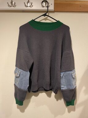 Gray Knit Sweater with Green Trim and Denim Patch Sleeves. Sz L